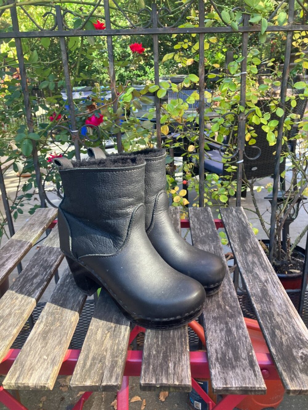 No.6 Boots: 5" Pull on Shearling Clog Boots, High Heel in Black Suede
